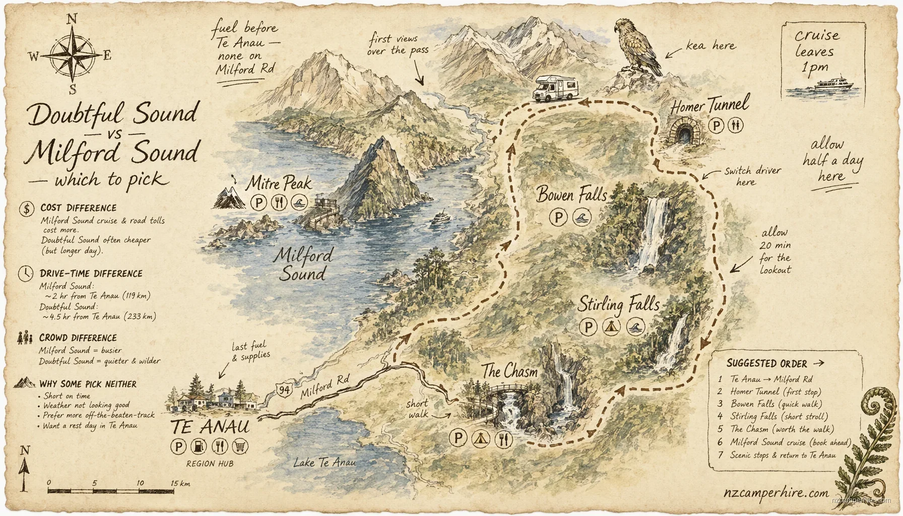 Hand-drawn map of doubtful vs milford in Milford Sound