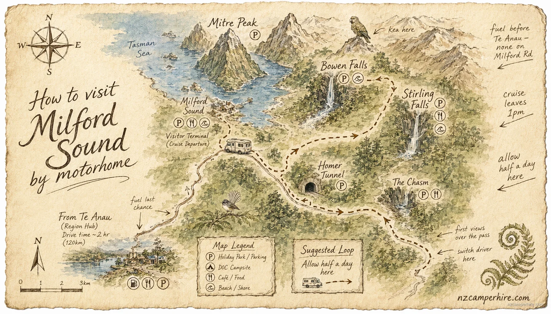 Hand-drawn map of how to visit in Milford Sound