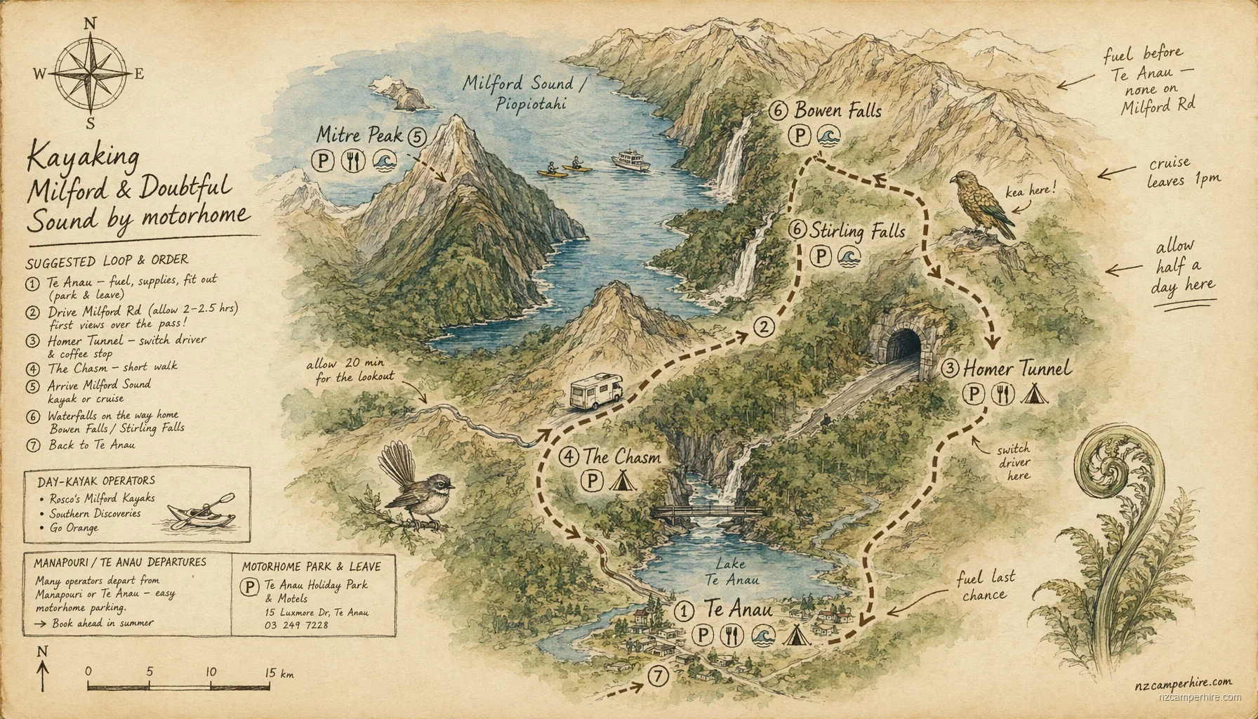 Hand-drawn map of kayaking options in Milford Sound