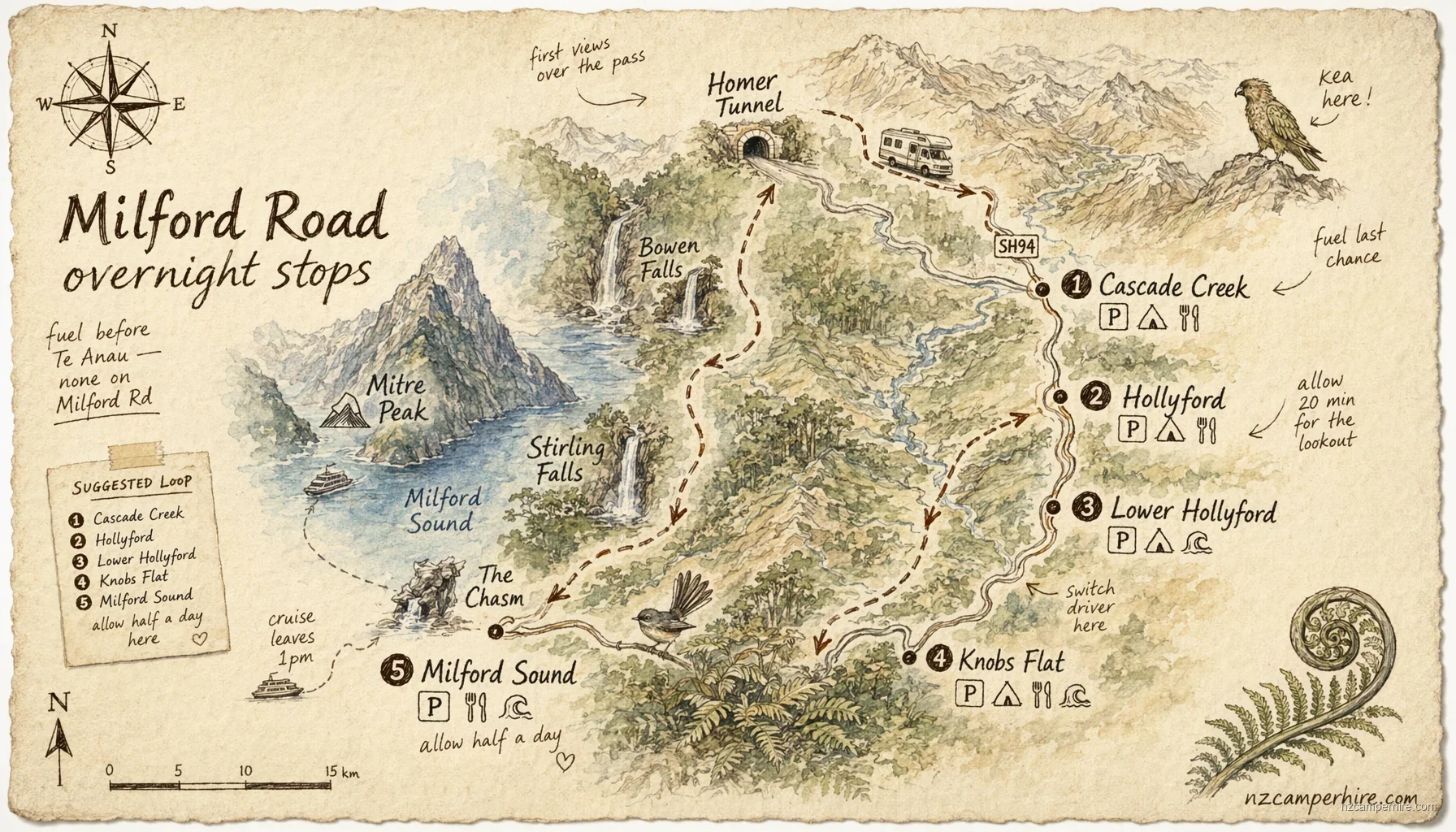 Hand-drawn map of milford road overnight stops in Milford Sound