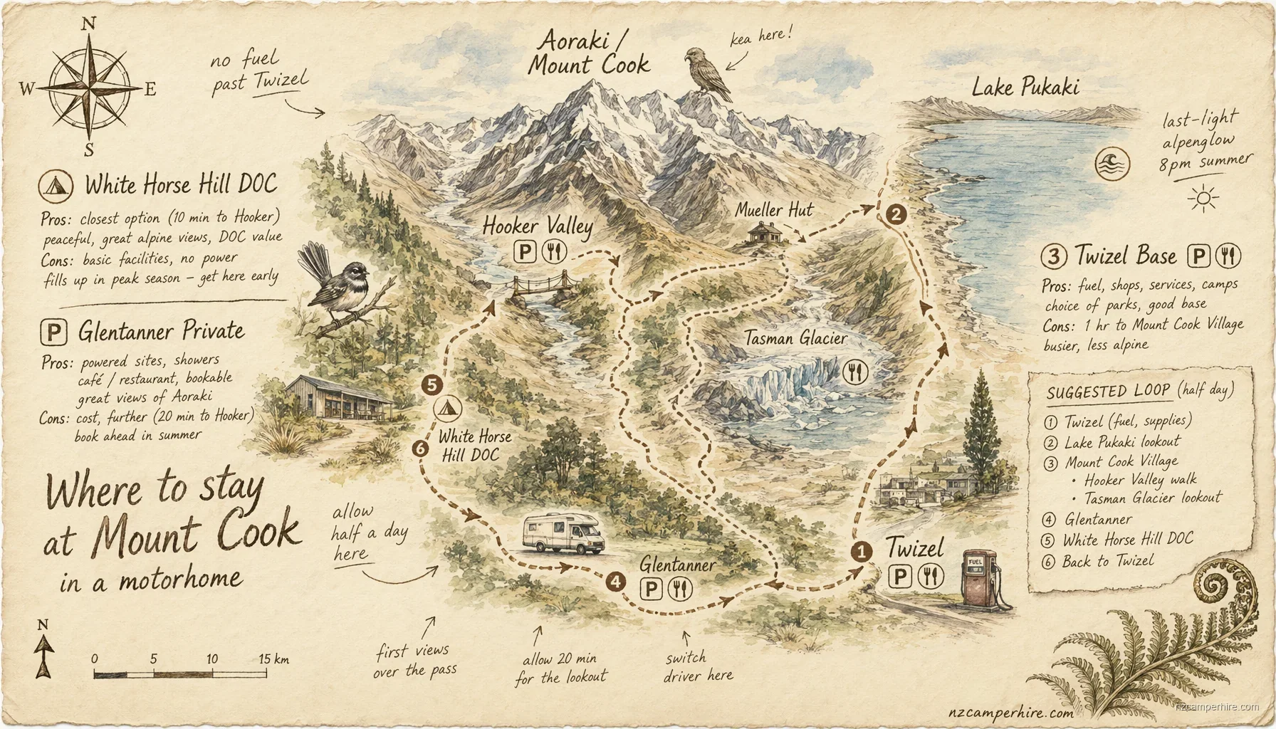 Hand-drawn map of where to stay in Mount Cook / Aoraki