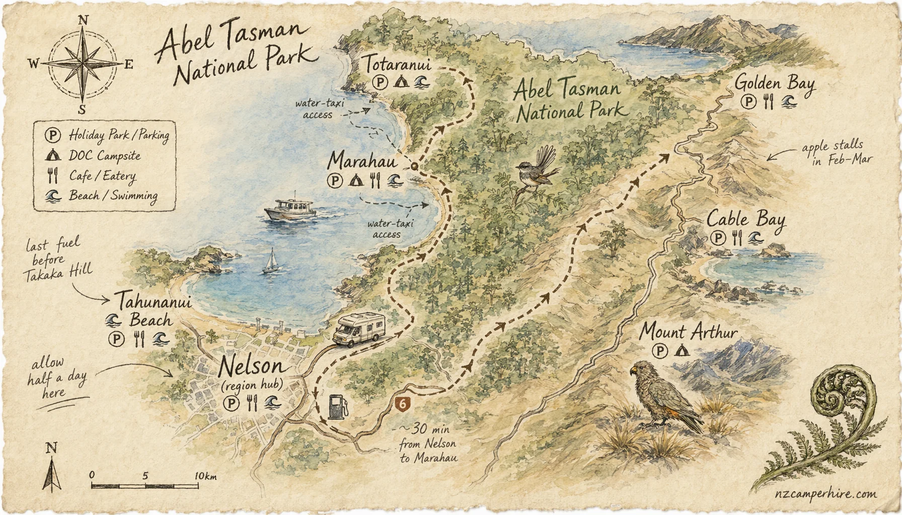 Hand-drawn map of abel tasman by motorhome in Nelson