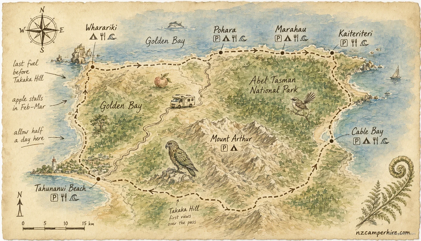 Hand-drawn map of best beaches in Nelson