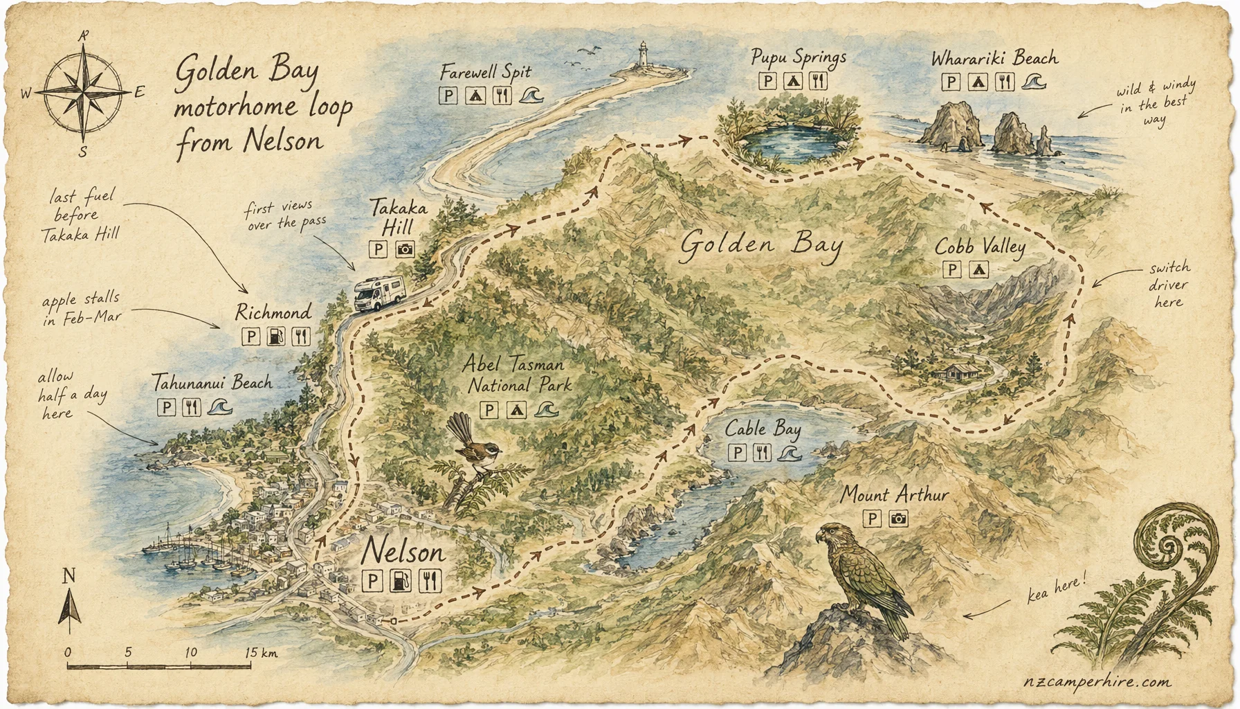 Hand-drawn map of golden bay loop in Nelson