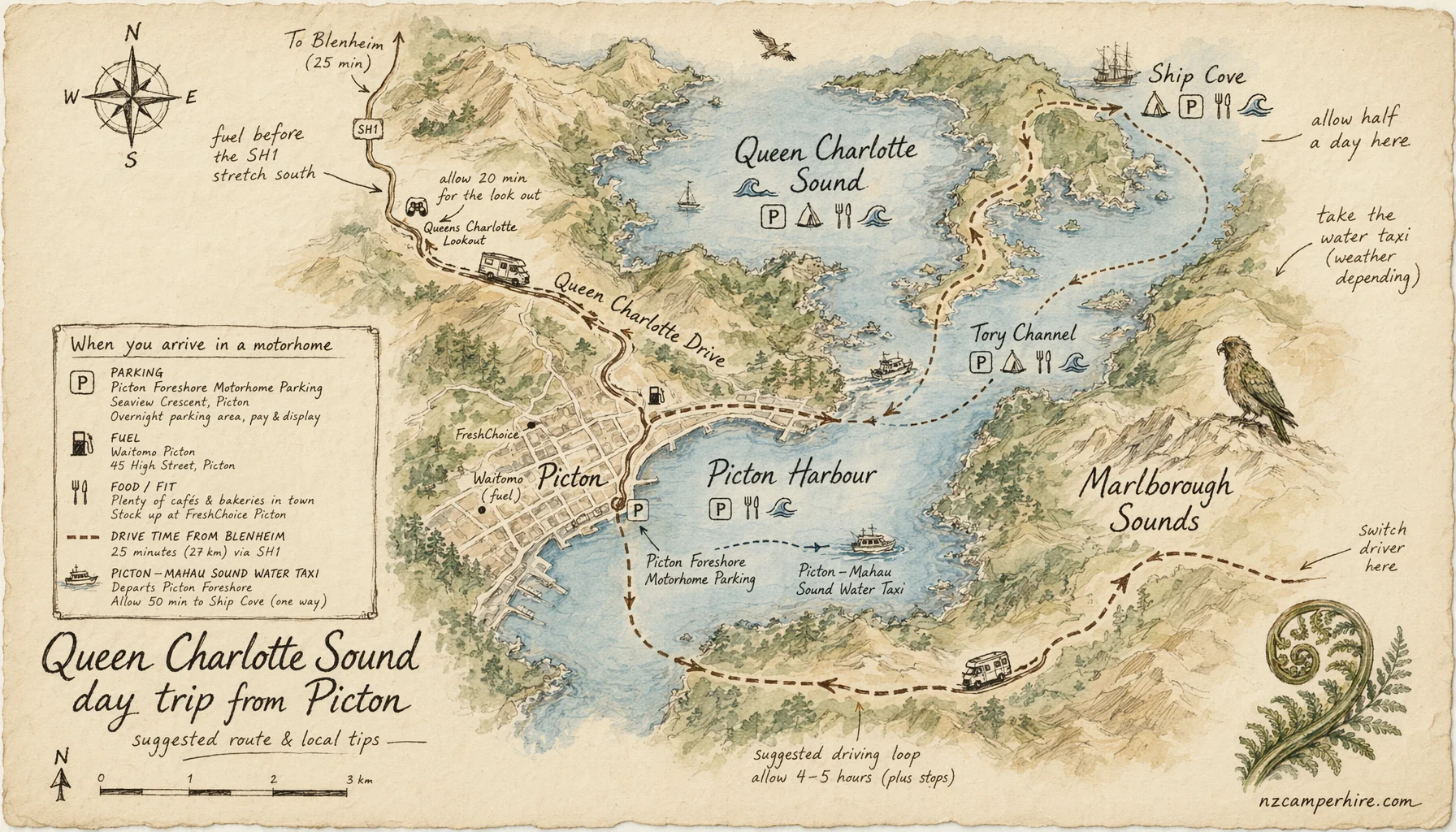 Hand-drawn map of queen charlotte day trip in Picton