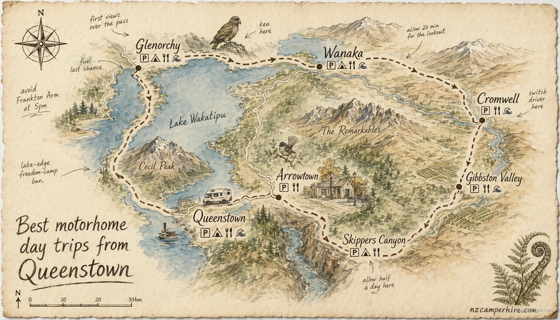 Hand-drawn map of day trips in Queenstown