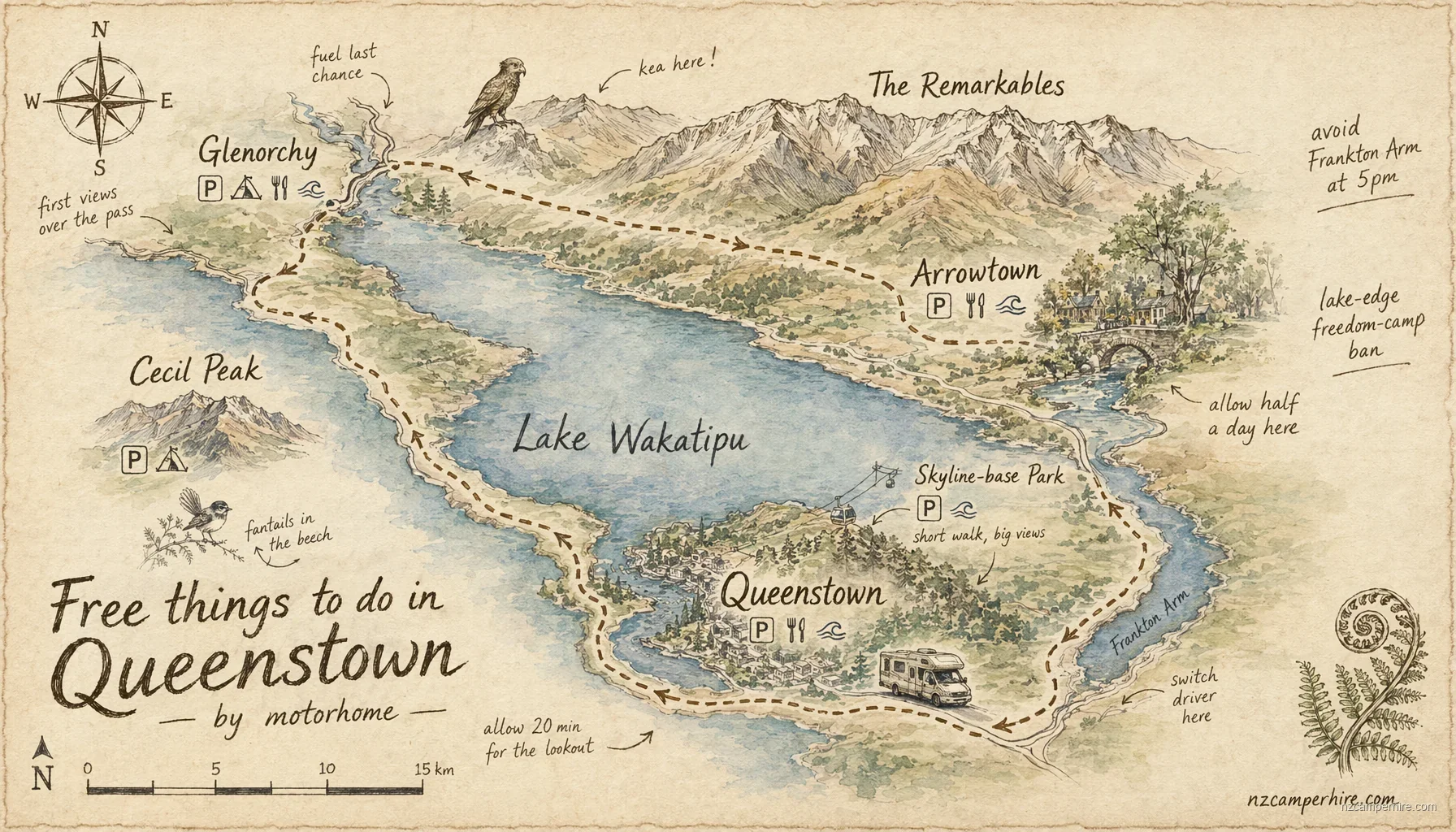 Hand-drawn map of free things to do in Queenstown