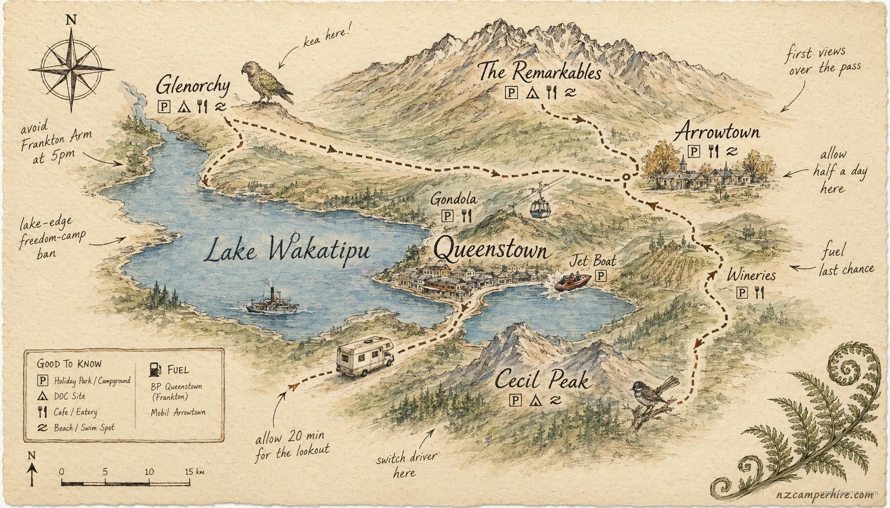Hand-drawn map of things to do in Queenstown