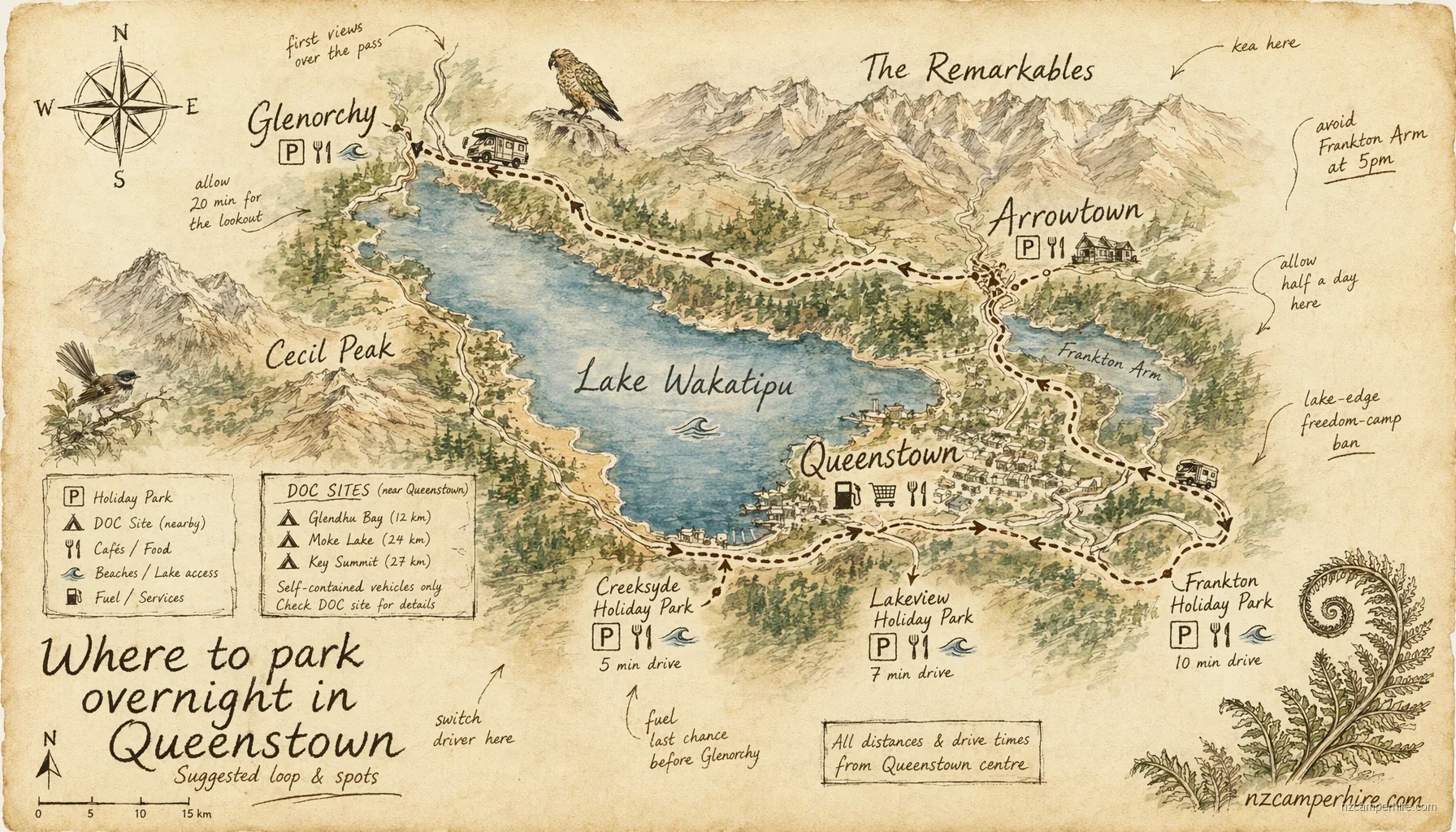 Hand-drawn map of where to park overnight in Queenstown
