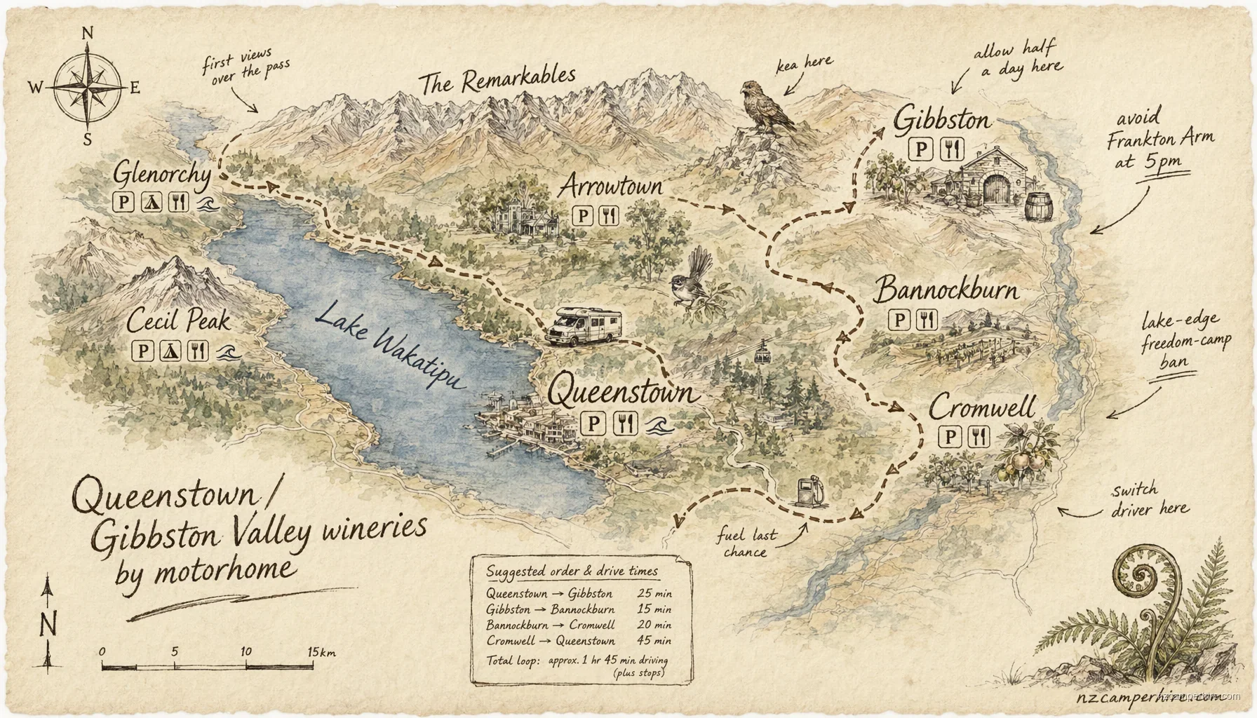 Hand-drawn map of wineries and cellar doors in Queenstown