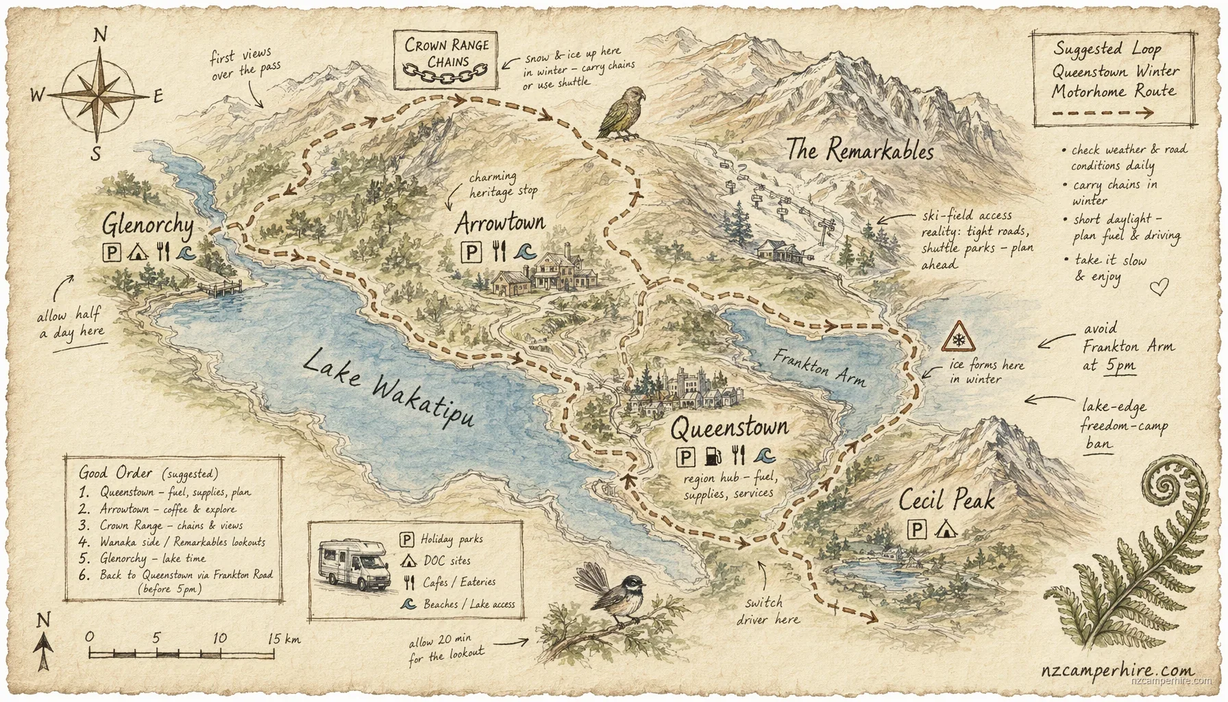 Hand-drawn map of winter driving in Queenstown