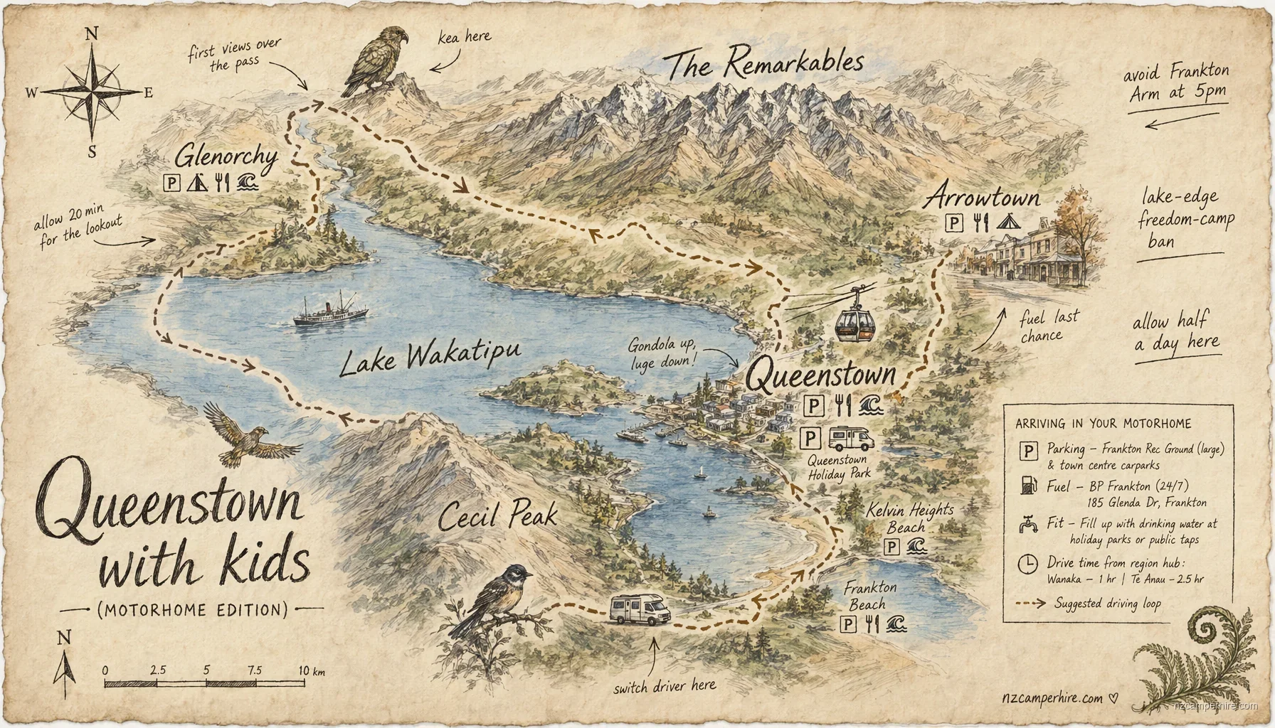 Hand-drawn map of with kids in Queenstown