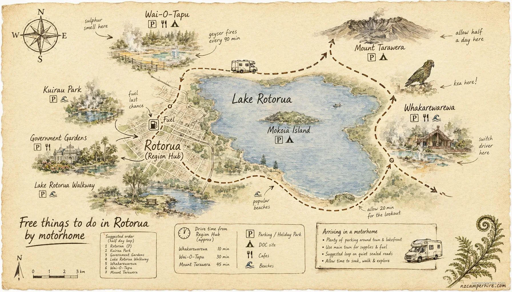 Hand-drawn map of free things to do in Rotorua
