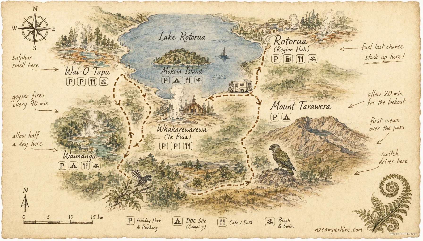 Hand-drawn map of geothermal day out in Rotorua