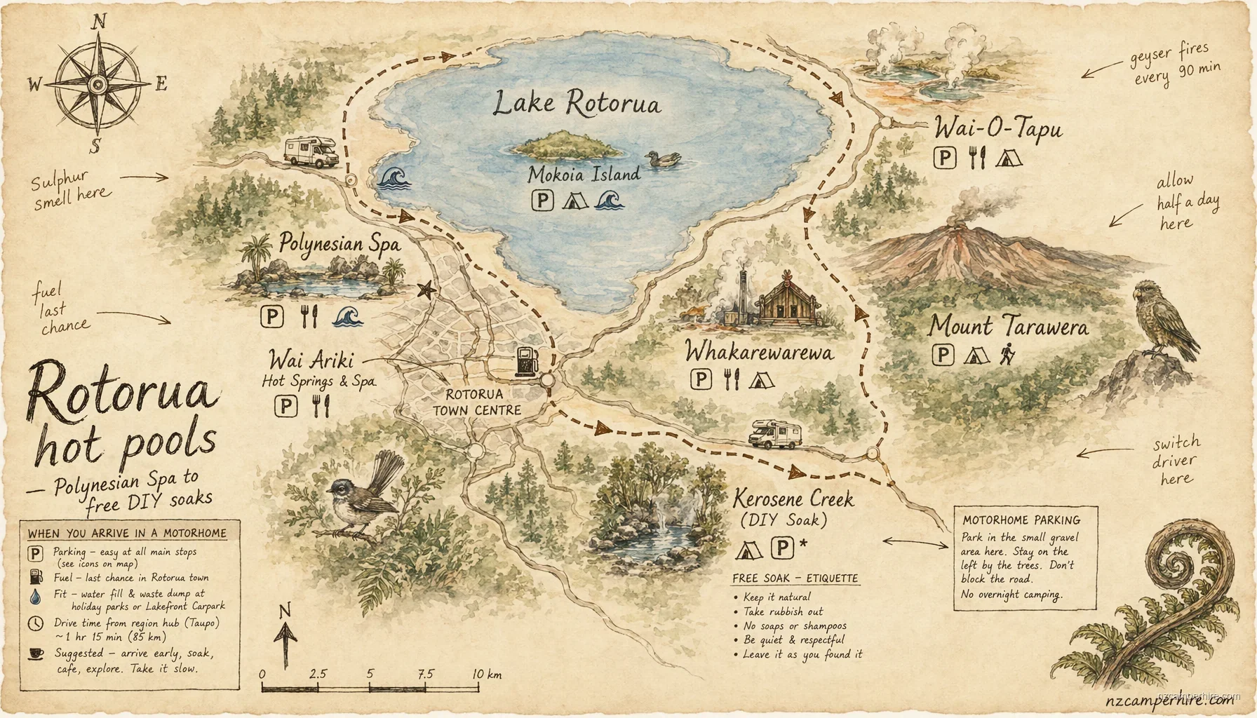 Hand-drawn map of hot pools private soaks in Rotorua