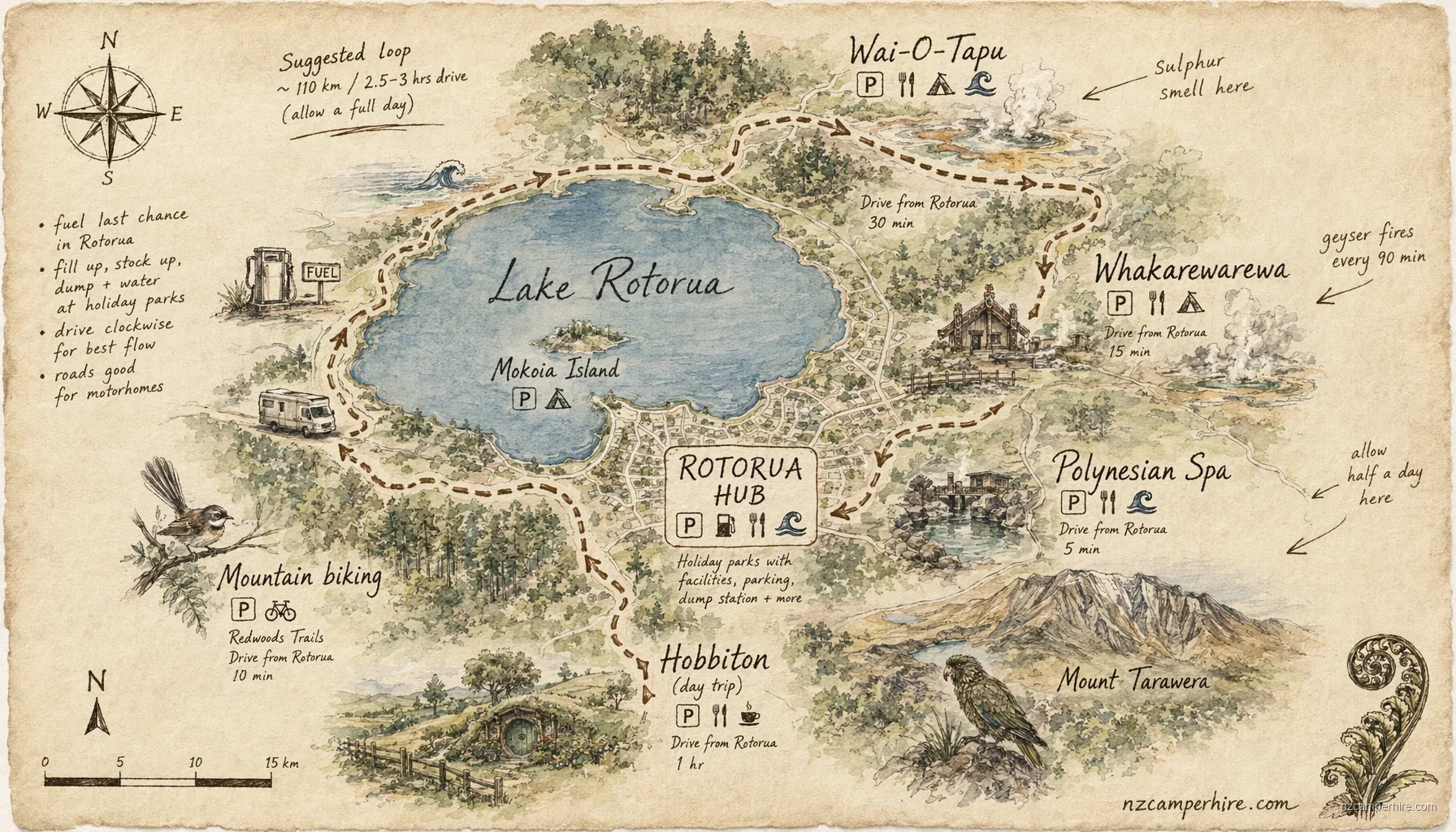 Hand-drawn map of things to do in Rotorua