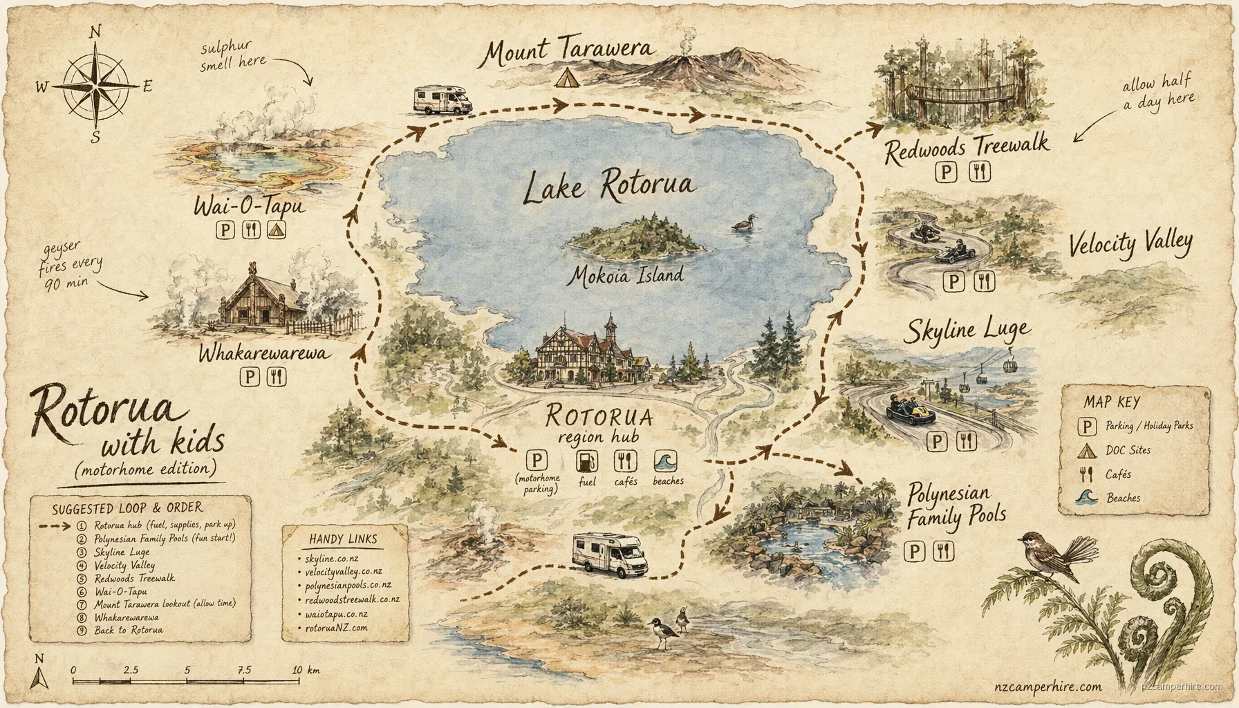 Hand-drawn map of with kids in Rotorua