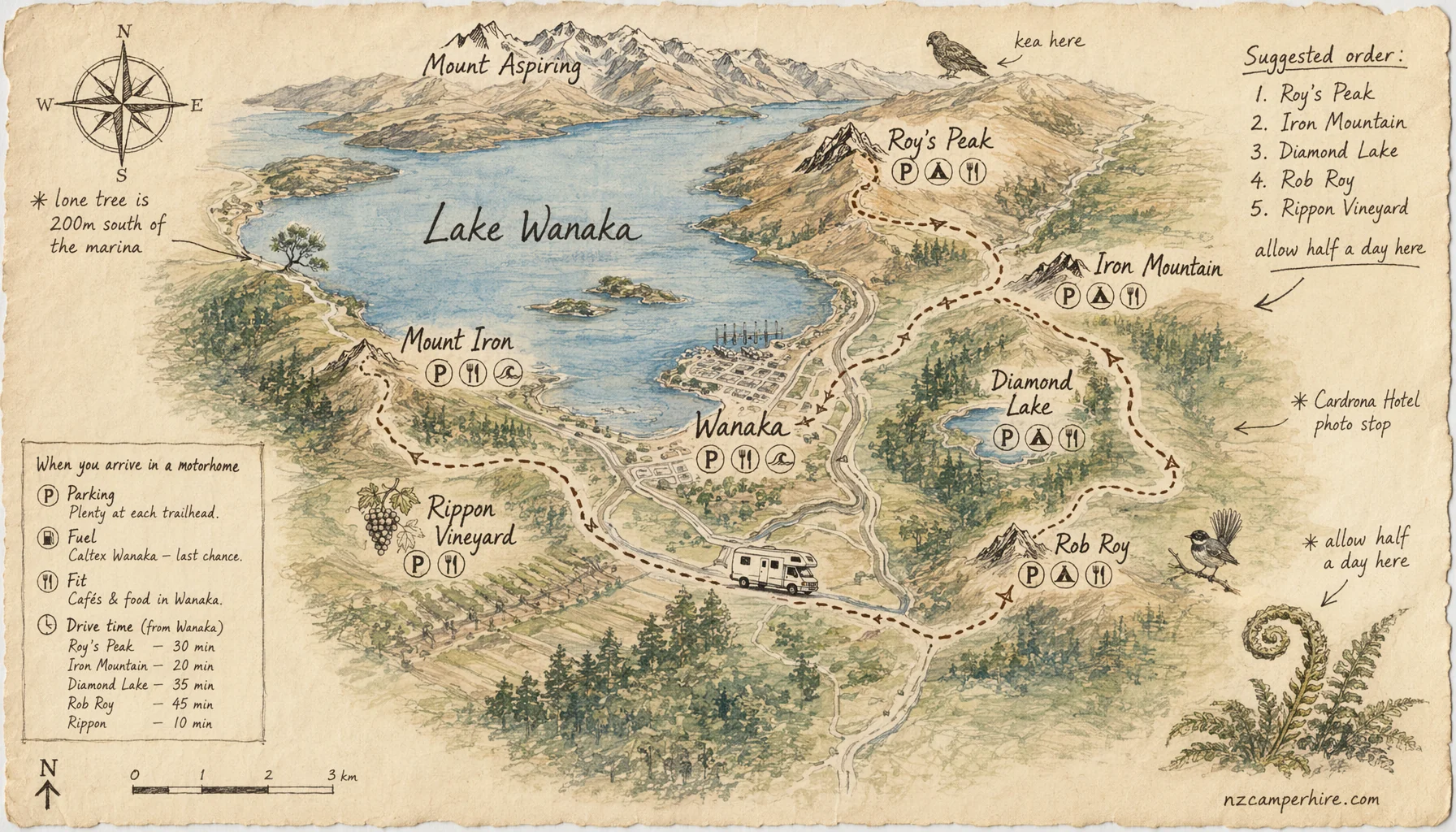 Hand-drawn map of best walks in Wanaka