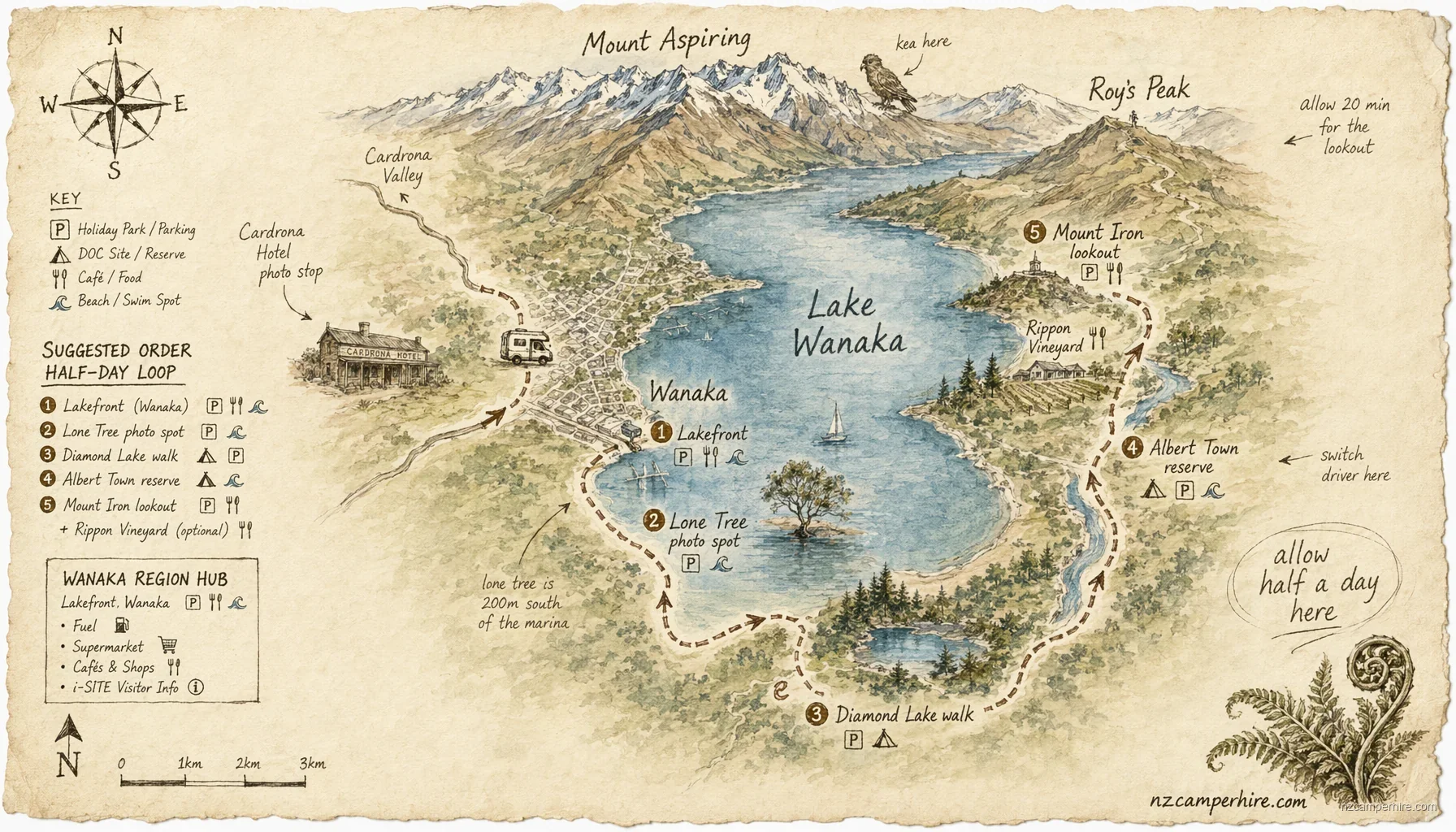 Hand-drawn map of free things to do in Wanaka