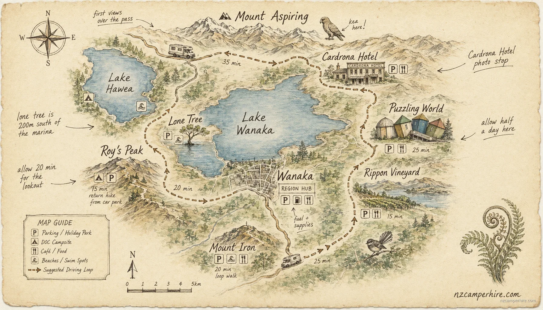 Hand-drawn map of things to do in Wanaka