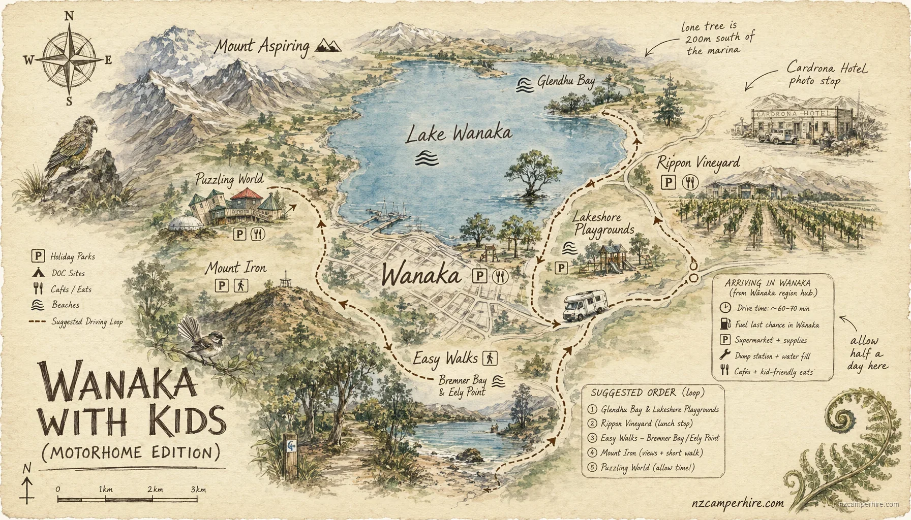 Hand-drawn map of with kids in Wanaka