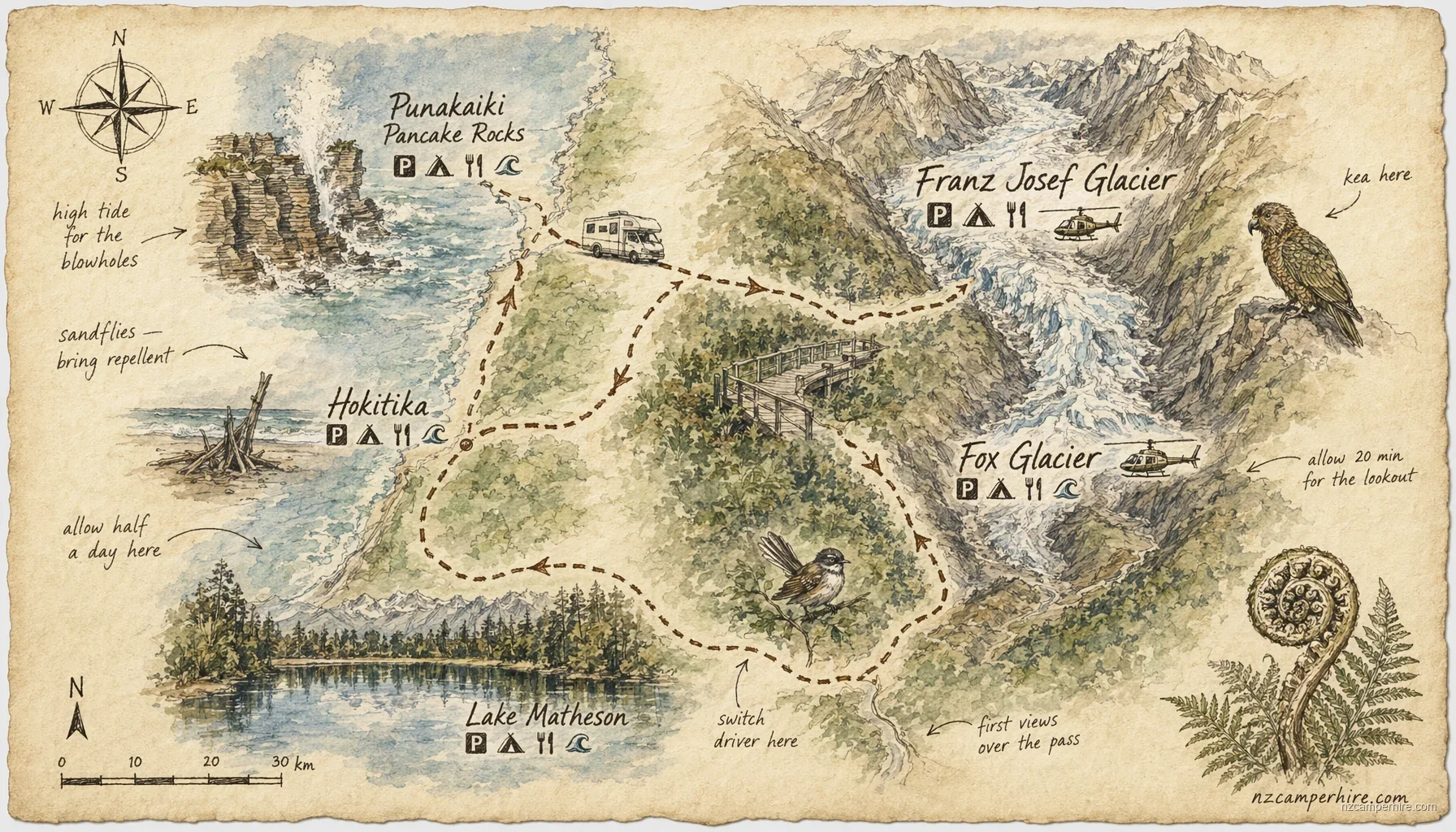 Hand-drawn map of franz josef fox glacier comparison in West Coast