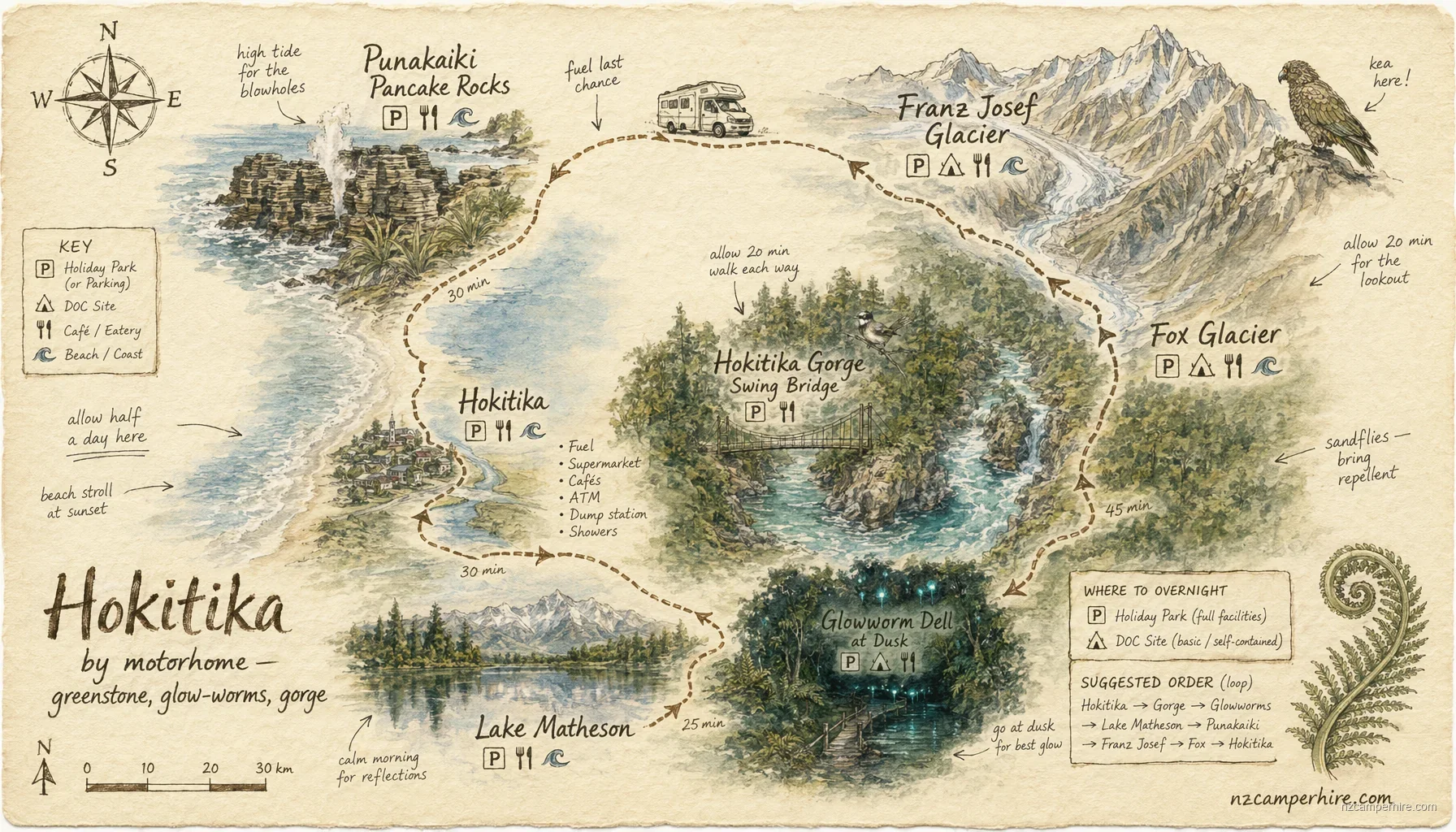 Hand-drawn map of hokitika greenstone glowworms in West Coast