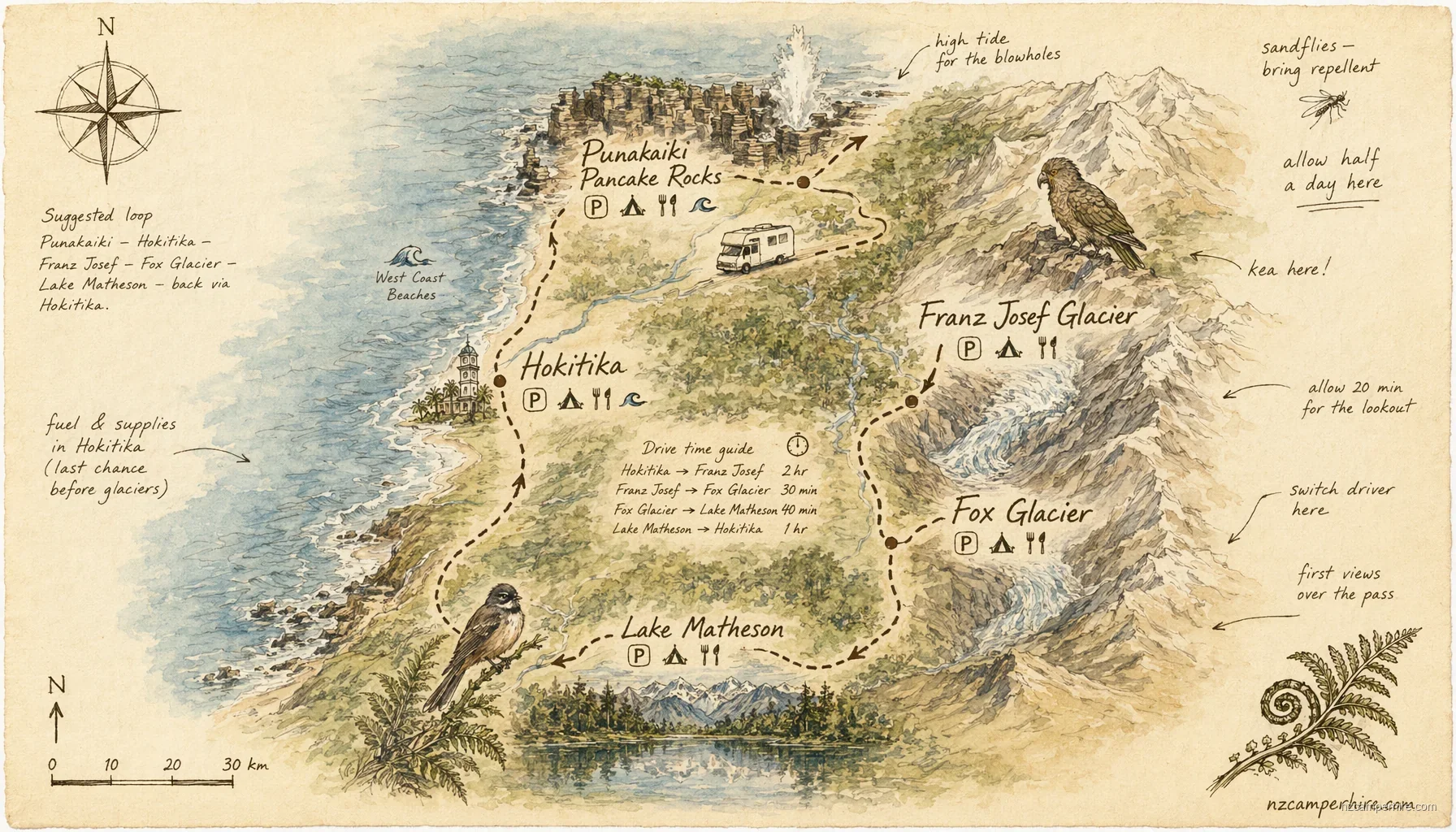 Hand-drawn map of punakaiki pancake rocks in West Coast